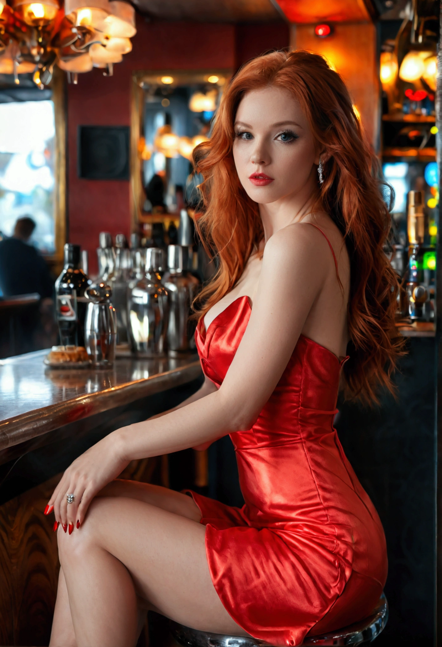 (full body shot:1.7) photorealistic image of a (sitting pose:1.7) ultrarealistic, photography, long red hair, woman, 24 years old, hourglass figure, perfect body, Flirty look, natural medium breasts, blur background, wearing a silk dress, sitting on a bar stool at the bar in a club, she has her legs crossed, she is wearing elegant red high heels, she has beautiful legs, she has long legs, full body, full body shot, full body photo, wide angle, wide angle shot