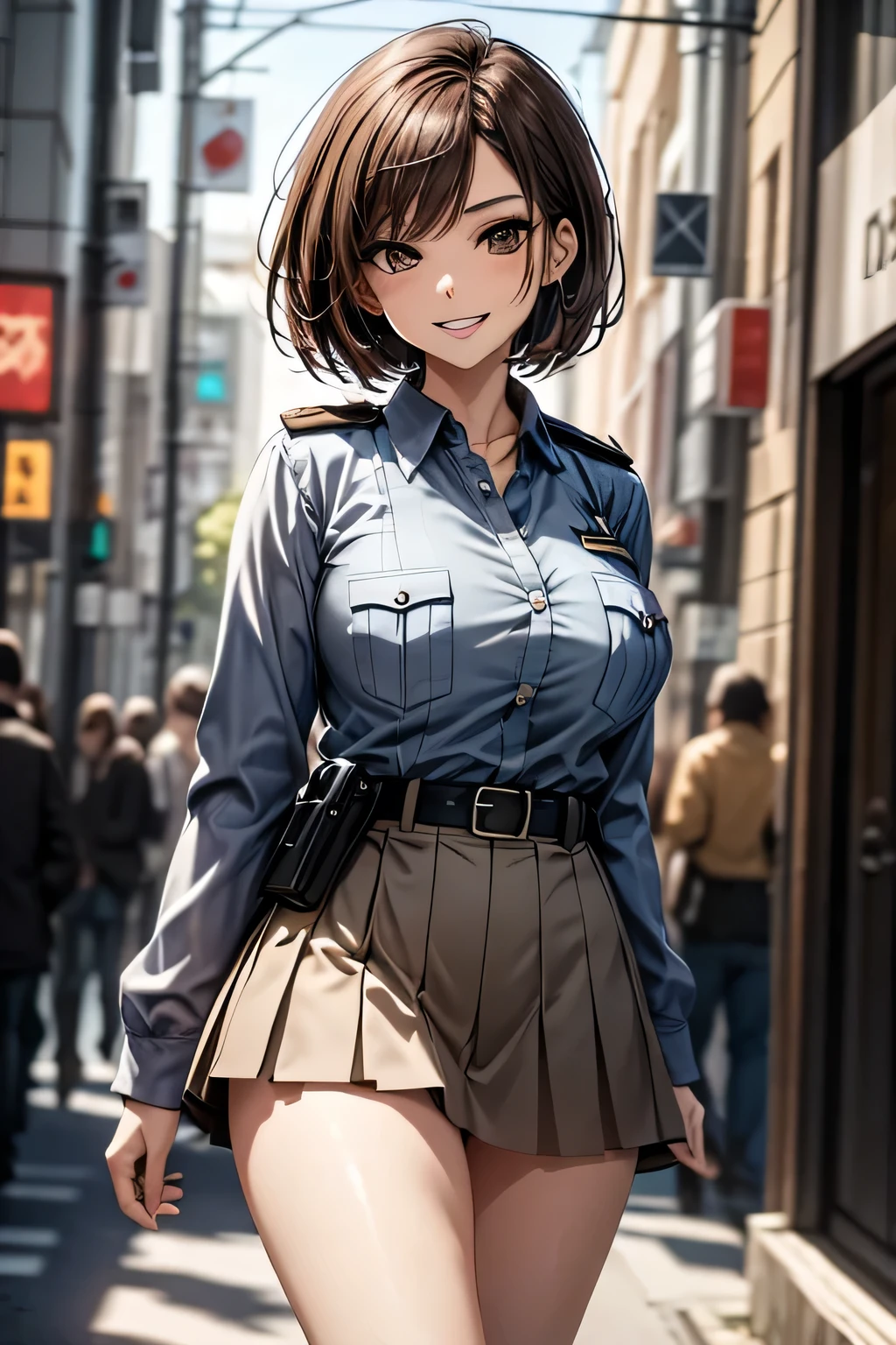 (masterpiece:1.2, Highest quality), (practical, photopractical:1.4), High-quality illustrations, (Natural Side Light, Cinema Lighting), Surrealism, 
View your viewers, 1 female, 40 years old, Perfect Face, Glowing Skin, 
(short hair, Straight hair), Brown eyes, Long eyelashes, (Large Breasts, Attractive thighs)
Beautiful Hair, Pretty face, Attention to detail, Beautiful body, Beautiful breasts, Beautiful thighs, Beautiful legs, Beautiful fingers, 
(Wear a police uniform and a short skirt),  
(Beautiful views), night, (street:1.2), walk, Sexy pose, (Cute smile, Open your lips slightly)