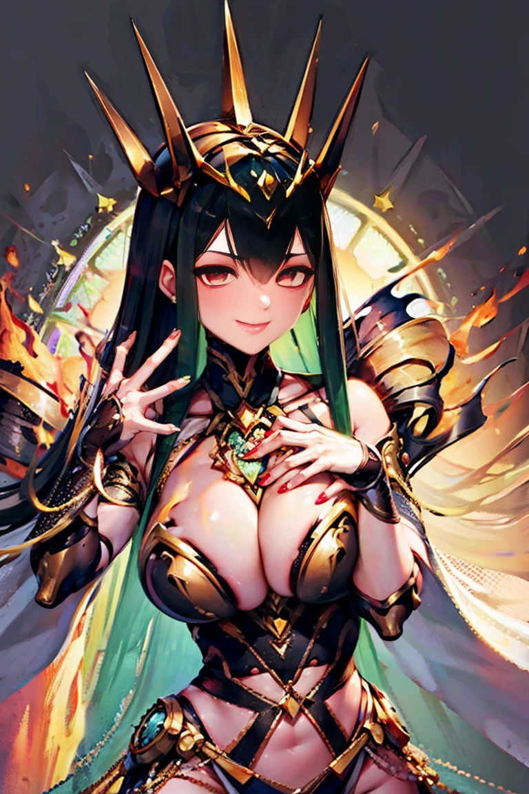 tiara, red eyes, long hair, hair ween eyes, large breasts, cleavage, dress, cleavage cutout, bare thighs, high-leg, fingerless gloves, bare fingers gloves, perfect hands, perfect fingers, elbow gloves, bare shoulders, fearless face, (((5 fingers, 4 fingers and 1 thumb, super detailed hands and fingers, deep detailed hands and fingers, extremely ultra detailed beautiful hands and fingers, Anatomically accurate hands and fingers, human hands, human fingers, Naturalistic hands and fingers, Proportional hands and fingers, highly detailed fingers and hands))), ultra high res, cg unity 8k wallpaper, absurdres, showgirl skirt, aduce, super fine illustration, best quality, masterpiece, masterwork, ultra detailed, extremely detailed, by famous artist,