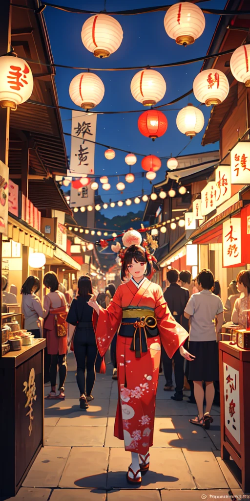 a traditional Japanese festival inspired by mythology, with vibrant lanterns, traditional clothing, and mythical creatures. The background includes a lively crowd, festival stalls, and a central stage where a reenactment of a mythological event is taking place.
