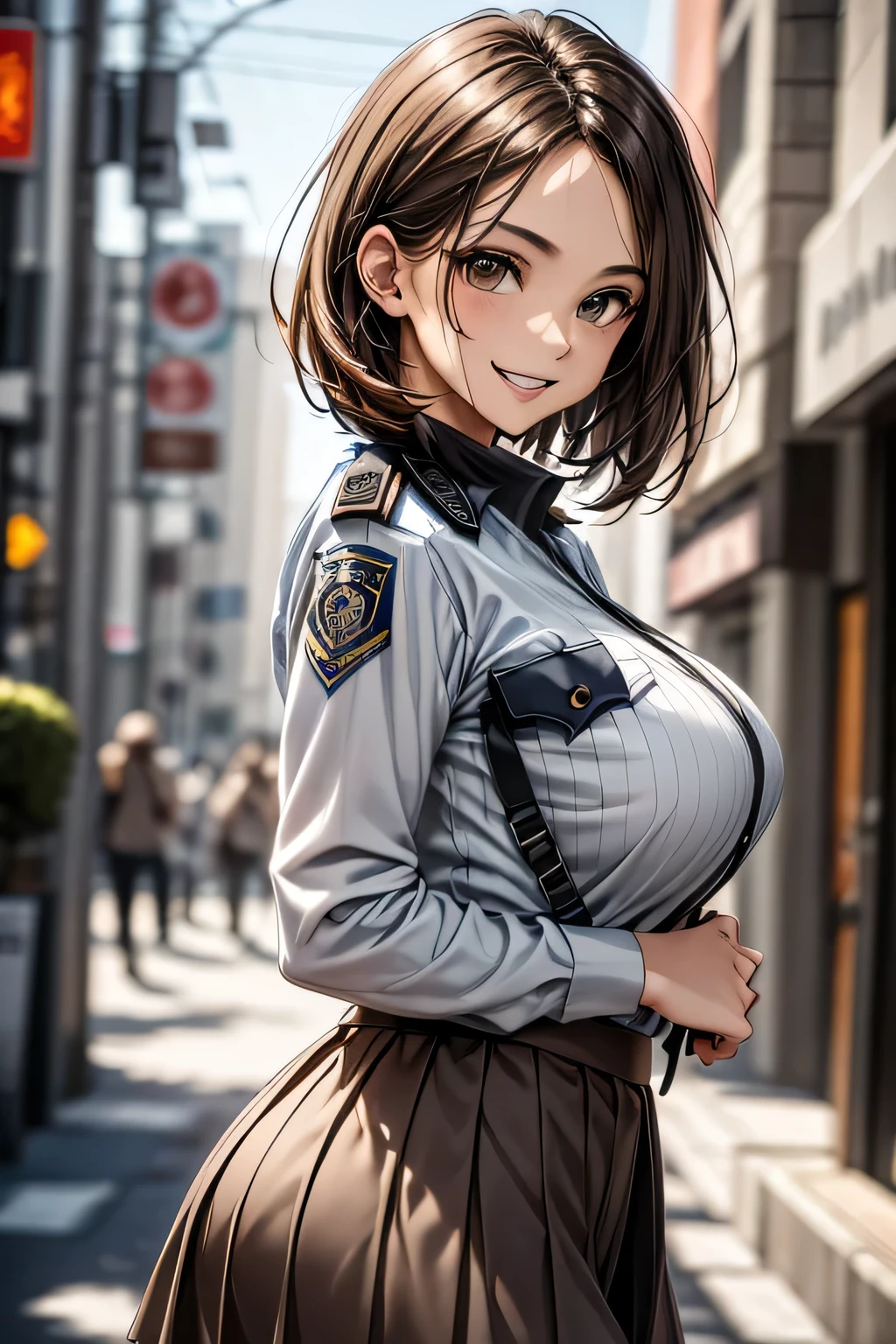 (masterpiece:1.2, Highest quality), (practical, photopractical:1.4), High-quality illustrations, (Natural Side Light, Cinema Lighting), Surrealism, 
View your viewers, 1 female, 40 years old, Perfect Face, Glowing Skin, 
(short hair, Straight hair), Brown eyes, Long eyelashes, (Large Breasts, Attractive thighs)
Beautiful Hair, Pretty face, Attention to detail, Beautiful body, Beautiful breasts, Beautiful thighs, Beautiful legs, Beautiful fingers, 
(Wear a police uniform and a short skirt),  
(Beautiful views), night, (street:1.2), walk, Sexy pose, (Cute smile, Open your lips slightly)