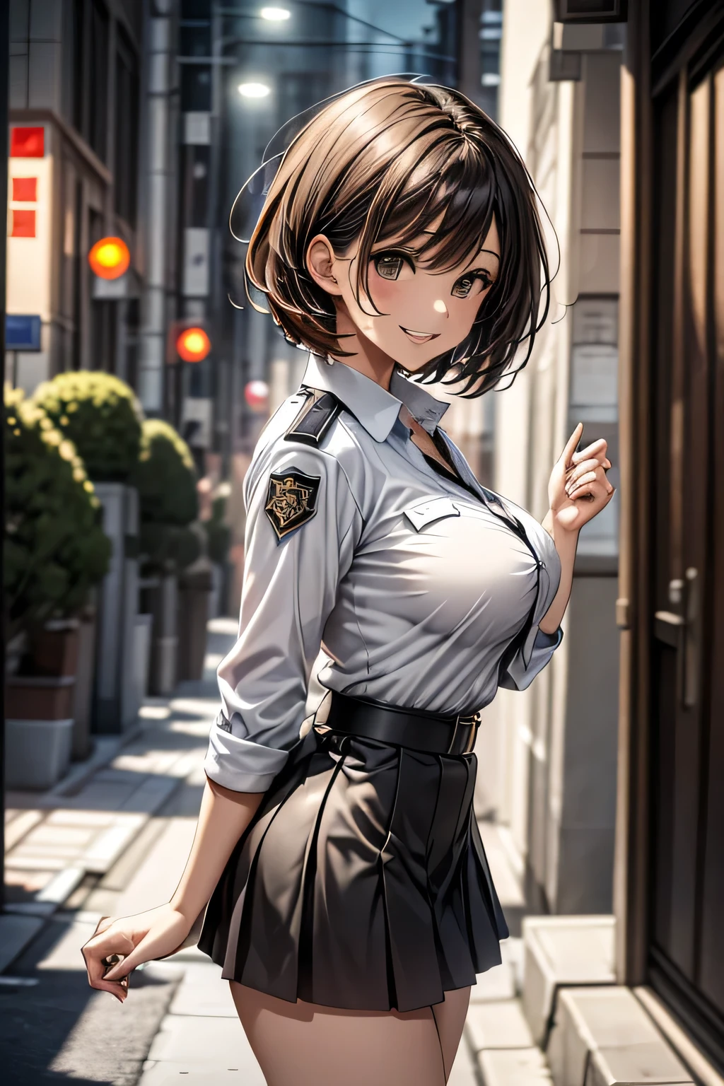 (masterpiece:1.2, Highest quality), (practical, photopractical:1.4), High-quality illustrations, (Natural Side Light, Cinema Lighting), Surrealism, 
View your viewers, 1 female, 40 years old, Perfect Face, Glowing Skin, 
(short hair, Straight hair), Brown eyes, Long eyelashes, (Large Breasts, Attractive thighs)
Beautiful Hair, Pretty face, Attention to detail, Beautiful body, Beautiful breasts, Beautiful thighs, Beautiful legs, Beautiful fingers, 
(Wear a police uniform and a short skirt),  
(Beautiful views), night, (street:1.2), walk, Sexy pose, (Cute smile, Open your lips slightly)