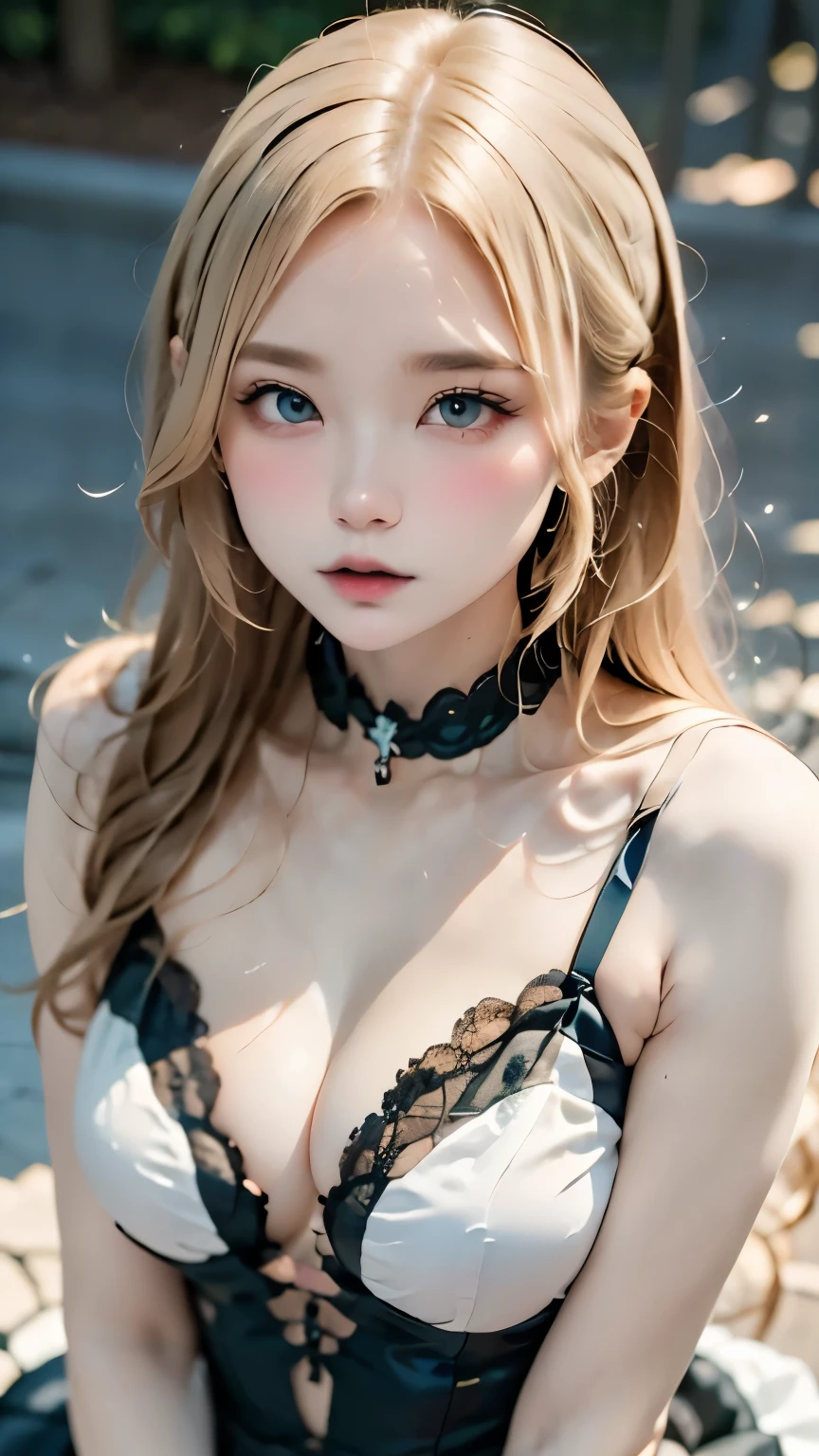 (UHigh resolution, retina, masterpiece, Accurate, Anatomically correct, Textured skin, Very detailed, Attention to detail, high quality, 最high quality, High resolution, 1080P, High resolution, 4K, 8k, 16K), (Beautiful details, Beautiful lip detail, Very detailed目と顔), Studio Lighting, Physically Based Rendering, Vibrant colors, (Gothic Dress), (Portraiture, Shiny Hair, Glowing Skin), [Stained Glass Windows, Bokeh], (incline one's head to the side:1.5), Eye Reflexes, (blush:1.5), (Gothic art, Pale skin, From above:1.5), Monochrome,