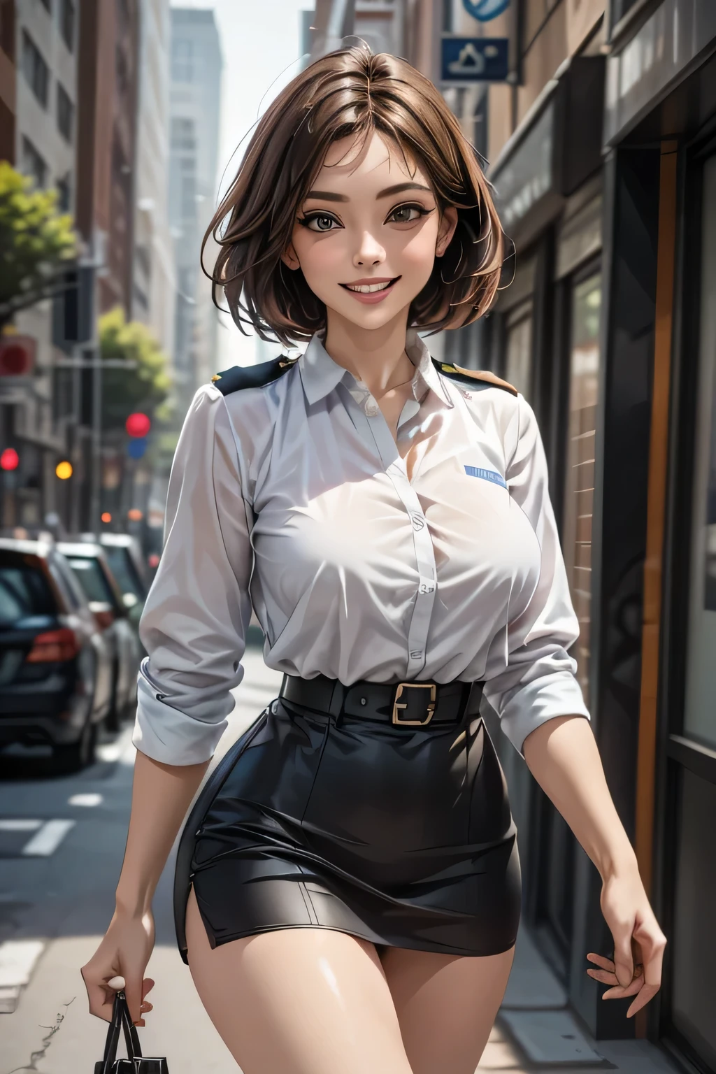 (masterpiece:1.2, Highest quality), (practical, photopractical:1.4), High-quality illustrations, (Natural Side Light, Cinema Lighting), Surrealism, 
View your viewers, 1 female, 40 years old, Perfect Face, Glowing Skin, 
(short hair, Straight hair), Brown eyes, Long eyelashes, (Large Breasts, Attractive thighs)
Beautiful Hair, Pretty face, Attention to detail, Beautiful body, Beautiful breasts, Beautiful thighs, Beautiful legs, Beautiful fingers, 
(Wear a police uniform and a short skirt),  
(Beautiful views), night, (street:1.2), walk, Sexy pose, (Cute smile, Open your lips slightly)