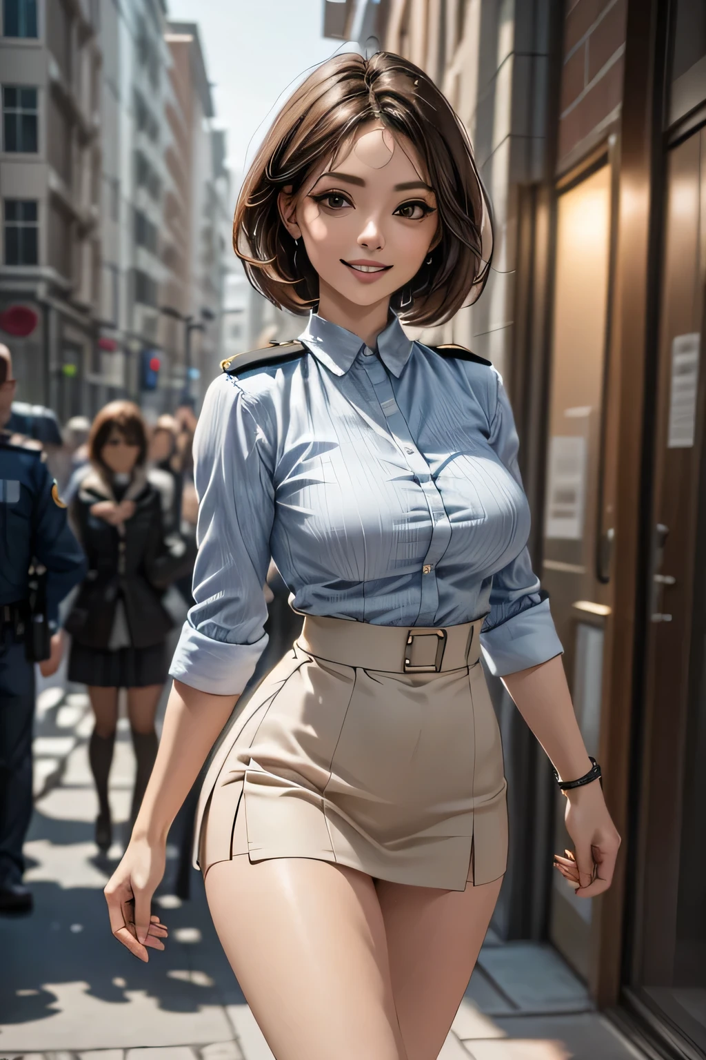(masterpiece:1.2, Highest quality), (practical, photopractical:1.4), High-quality illustrations, (Natural Side Light, Cinema Lighting), Surrealism,
View your viewers, 1 female, 40 years old, Perfect Face, Glowing Skin,
(short hair, Straight hair), Brown eyes, Long eyelashes, (Large Breasts, Attractive thighs)
Beautiful Hair, Pretty face, Attention to detail, Beautiful body, Beautiful breasts, Beautiful thighs, Beautiful legs, Beautiful fingers,
(Wear a police uniform and a short skirt),
(Beautiful views), night, (street:1.2), walk, Sexy pose, (Cute smile, Open your lips slightly)