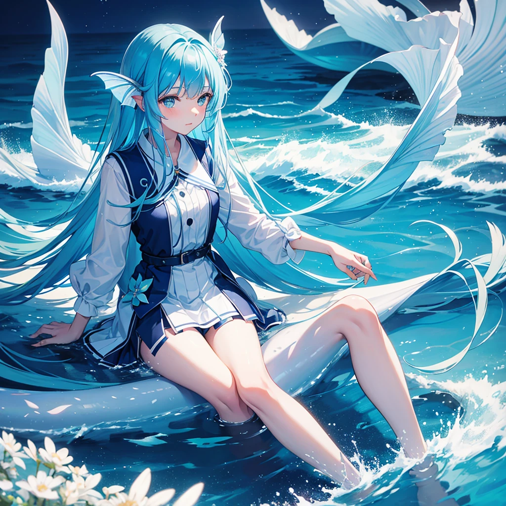 A blue fish tail mermaid with no legs, no knees, long blue hair and bangs. blue miniskirt ocean flower