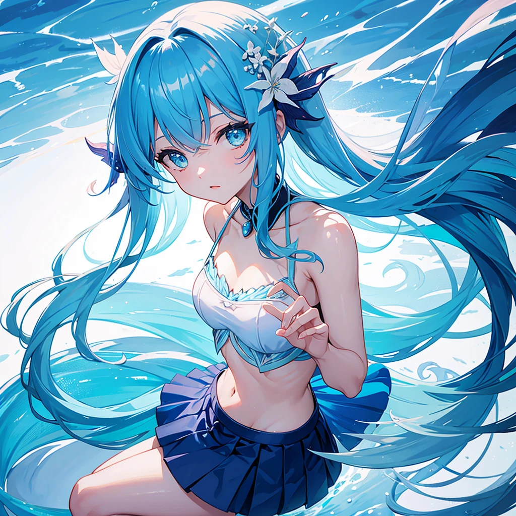 A blue fish tail mermaid with no legs, no knees, long blue hair and bangs. blue miniskirt ocean flower 