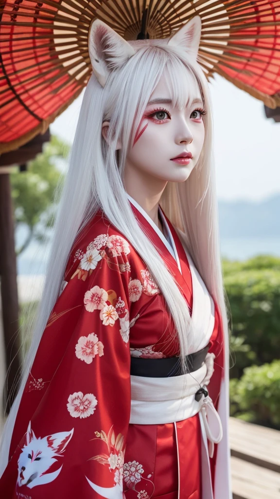 White Demon Fox、Nine-tailed Fox、Japanese women、kimono、Fair skin、Red lines on face、8K、I have long hair