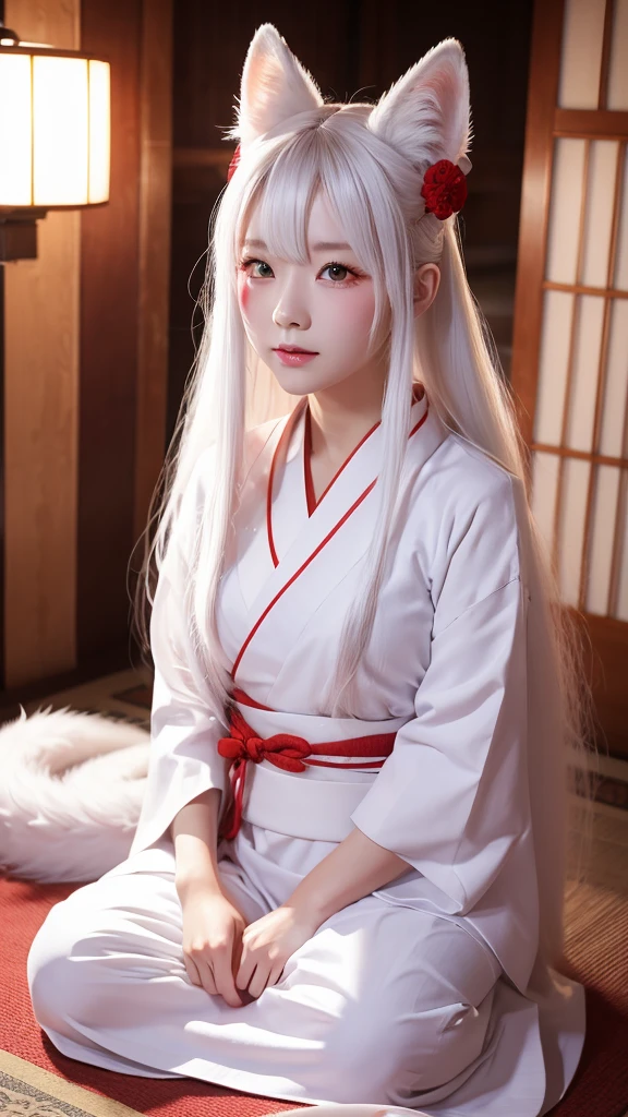 Sfw, 1girl, standing, from front, front, cowboy_shot, inside japanese house, glowing red eyes, , face focused, ((white_hair)), kaguya, third eye, pale skin, horns, sharp_fingernails, forehead mark