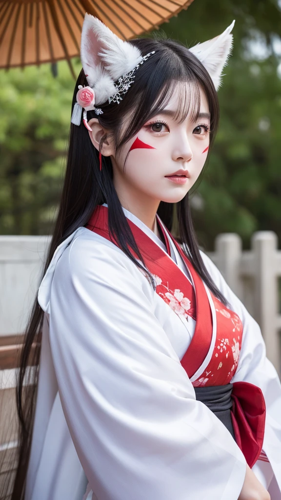 White Demon Fox、Nine-tailed Fox、Japanese women、kimono、Fair skin、Red lines on face、8K、I have long hair