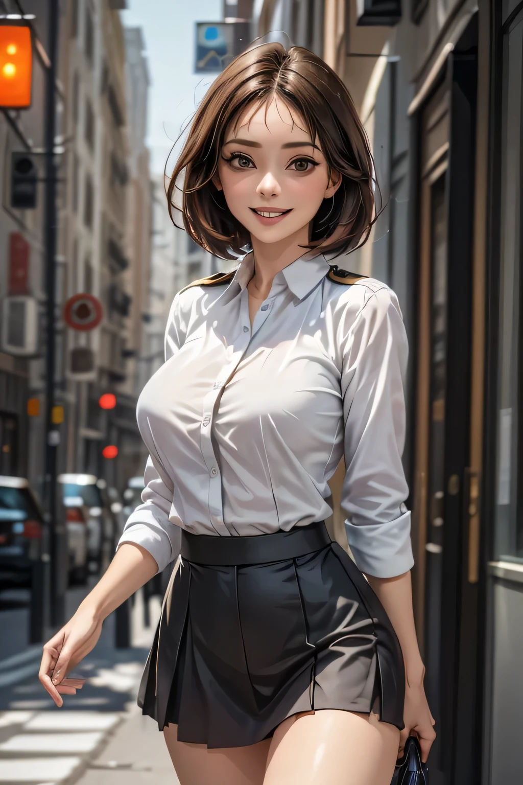 (masterpiece:1.2, Highest quality), (practical, photopractical:1.4), High-quality illustrations, (Natural Side Light, Cinema Lighting), Surrealism, 
View your viewers, 1 female, 40 years old, Perfect Face, Glowing Skin, 
(short hair, Straight hair), Brown eyes, Long eyelashes, (Large Breasts, Attractive thighs)
Beautiful Hair, Pretty face, Attention to detail, Beautiful body, Beautiful breasts, Beautiful thighs, Beautiful legs, Beautiful fingers, 
(Wear a police uniform and a short skirt),  
(Beautiful views), night, (street:1.2), walk, Sexy pose, (Cute smile, Open your lips slightly)