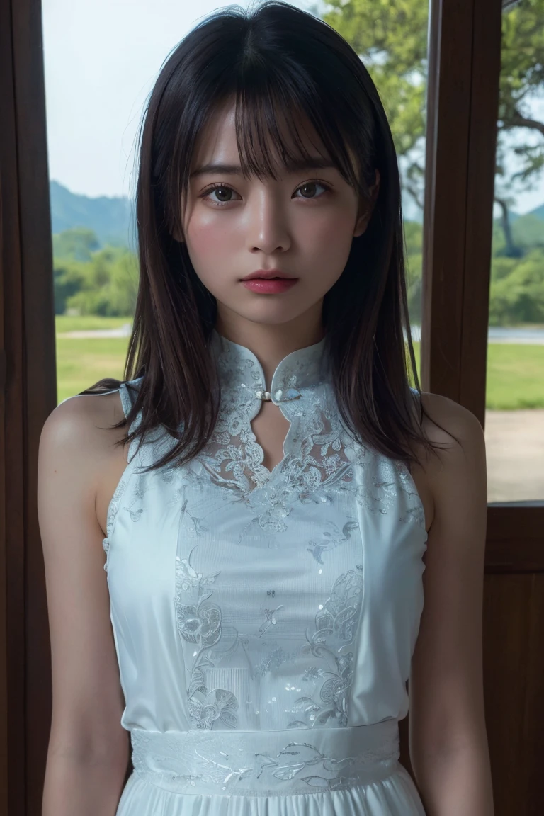 (Highest quality:1.4),(masterpiece:1.4),(Realistic:1.4),(Realistic:1.2),(超High resolution, RAW Photos:1.4),(High resolution, Very detailed:1.2),(8k:1.2),Movie Photos,a photo of a dark-haired,One Girl,alone,wear ,((China dress))、((Upper Body:1.3))