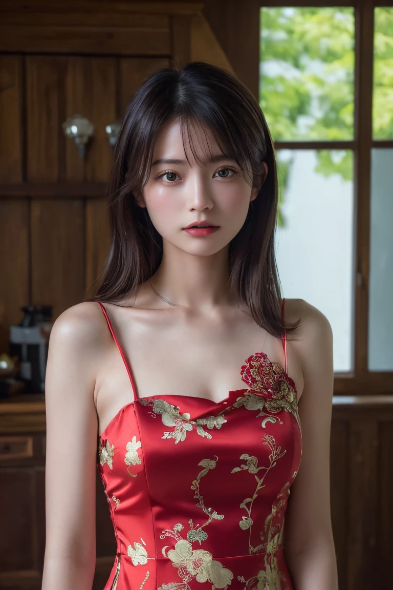 (Highest quality:1.4),(masterpiece:1.4),(Realistic:1.4),(Realistic:1.2),(超High resolution, RAW Photos:1.4),(High resolution, Very detailed:1.2),(8k:1.2),Movie Photos,a photo of a dark-haired,One Girl,alone,wear ,((China dress))、((Upper Body:1.3))