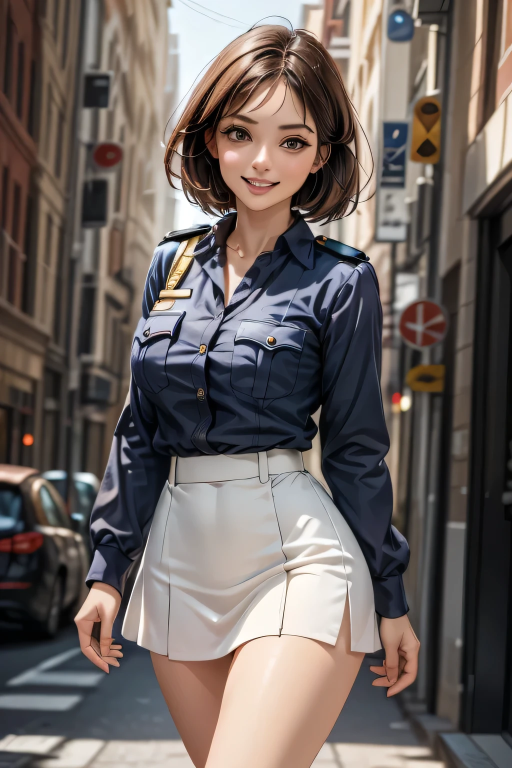 (masterpiece:1.2, Highest quality), (practical, photopractical:1.4), High-quality illustrations, (Natural Side Light, Cinema Lighting), Surrealism,
View your viewers, 1 female, 40 years old, Perfect Face, Glowing Skin,
(short hair, Straight hair), Brown eyes, Long eyelashes, (Large Breasts, Attractive thighs)
Beautiful Hair, Pretty face, Attention to detail, Beautiful body, Beautiful breasts, Beautiful thighs, Beautiful legs, Beautiful fingers,
(Wear a police uniform and a short skirt),
(Beautiful views), night, (street:1.2), walk, Sexy pose, (Cute smile, Open your lips slightly)