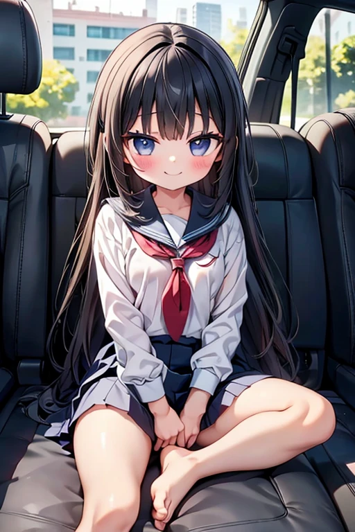 One person、Long Hair、、Black Hair、With bangs、6 year old girl、small、1st grade elementary school students、Baby Face、smile、Big eyes、barefoot、black eye、cute、Are thin、Very small breasts、School uniforms、身長のsmall、((In the car))、Bare Skin、Show the whole body、
