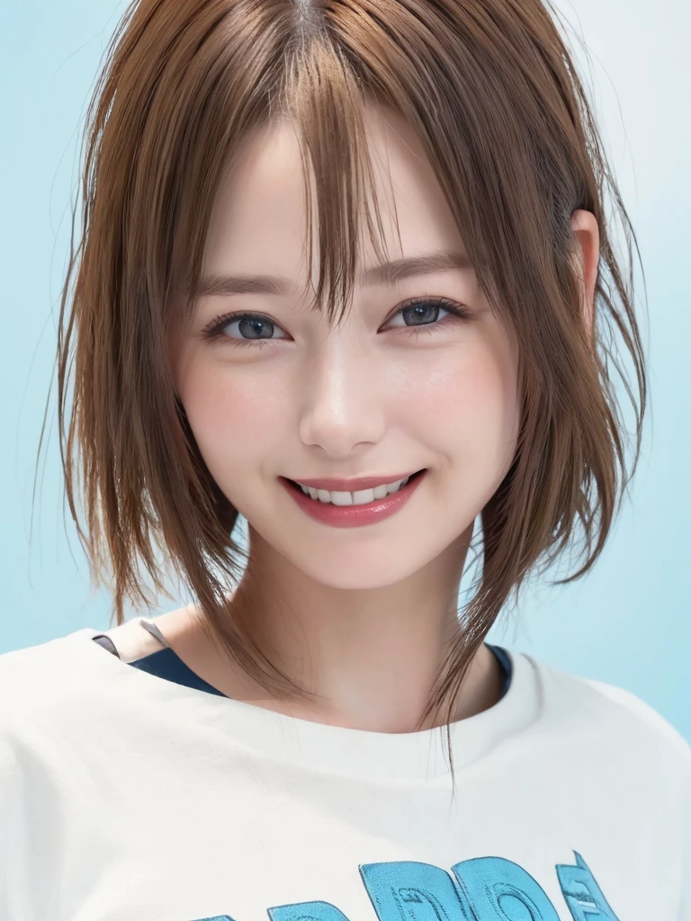 (Highest quality、8k、32K、masterpiece)、(RAW Photos)、(Realisticな)、(High resolution)、Very detailedな、Very beautiful face and eyes、One Girl、Round and small face、Delicate body、(Highest quality、Rich skin detail、Highest quality、8k)、Very detailed、(Realistic、Realistic:1.37)、Vibrant colors、(((Laughter)))、(((blonde)))、(((Put your bangs up)))、(((smile)))、(((Cowboy Shot)))、(((Frame In)))、(((White Background)))、((Medium Hair))、(((Pure white wall background)))、(((blonde)))、(((Wearing a T-shirt with a pop design)))、(((Brown and light blue T-shirt)))、(((Pure white wall background)))、