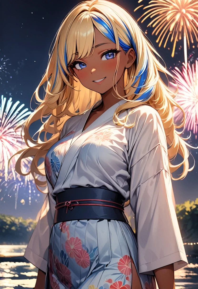 (highest quality:1.2, Very detailed, up to date, Vibrant, Ultra-high resolution, High Contrast, masterpiece:1.2, highest quality, Best aesthetics), Portraiture, girl, slim, (25 years old:1), Bright colors、Beautiful fine details、Beautiful lip detail、long hair, ((wavy hair:0.4))、messy hair, blonde and blue ((streaked hair:1.5)), highlights hair: 1.4, (medium breast:1), (tan skin:1.3), (traditional yukata:1),  floral pattern yukata, yellow color, thick red obi, smile, There is a galaxy in the dark night sky, (Splendid fireworks bloom in the dark night sky),(Masterpiece fireworks),(many Colorful fireworks explode in the sky), Fireworks large and small, cowboy shot:1.5, look at viewer