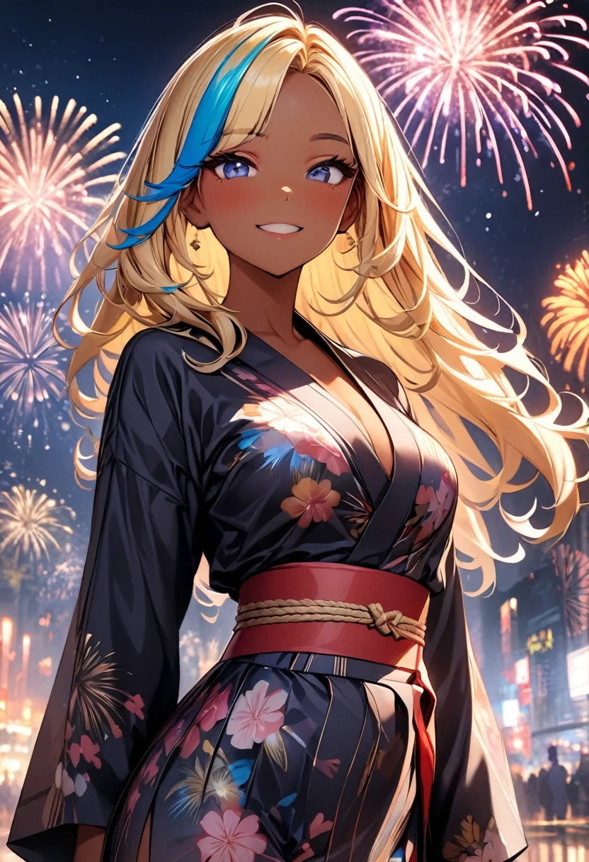 (highest quality:1.2, Very detailed, up to date, Vibrant, Ultra-high resolution, High Contrast, masterpiece:1.2, highest quality, Best aesthetics), Portraiture, girl, slim, (25 years old:1), Bright colors、Beautiful fine details、Beautiful lip detail、long hair, ((wavy hair:0.4))、messy hair, blonde and blue ((streaked hair:1.5)), highlights hair: 1.4, (medium breast:1), (tan skin:1.3), (traditional yukata:1), floral pattern yukata, yellow color, thick red obi, smile, There is a galaxy in the dark night sky, (Splendid fireworks bloom in the dark night sky),(Masterpiece fireworks),(many Colorful fireworks explode in the sky), Fireworks large and small, cowboy shot:1.5, look at viewer
