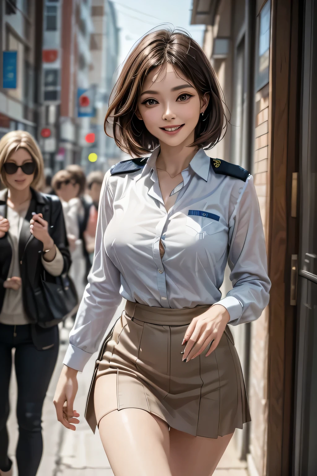 (masterpiece:1.2, Highest quality), (practical, photopractical:1.4), High-quality illustrations, (Natural Side Light, Cinema Lighting), Surrealism,
View your viewers, 1 female, 40 years old, Perfect Face, Glowing Skin,
(short hair, Straight hair), Brown eyes, Long eyelashes, (Large Breasts, Attractive thighs)
Beautiful Hair, Pretty face, Attention to detail, Beautiful body, Beautiful breasts, Beautiful thighs, Beautiful legs, Beautiful fingers,
(Wear a police uniform and a short skirt),
(Beautiful views), night, (street:1.2), walk, Sexy pose, (Cute smile, Open your lips slightly)