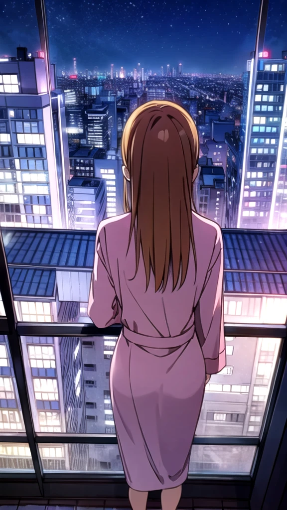 beauty smile Embarrassing blush Bathrobes stand back Back view View the night view from the balcony of a high-rise apartment Shot from above
