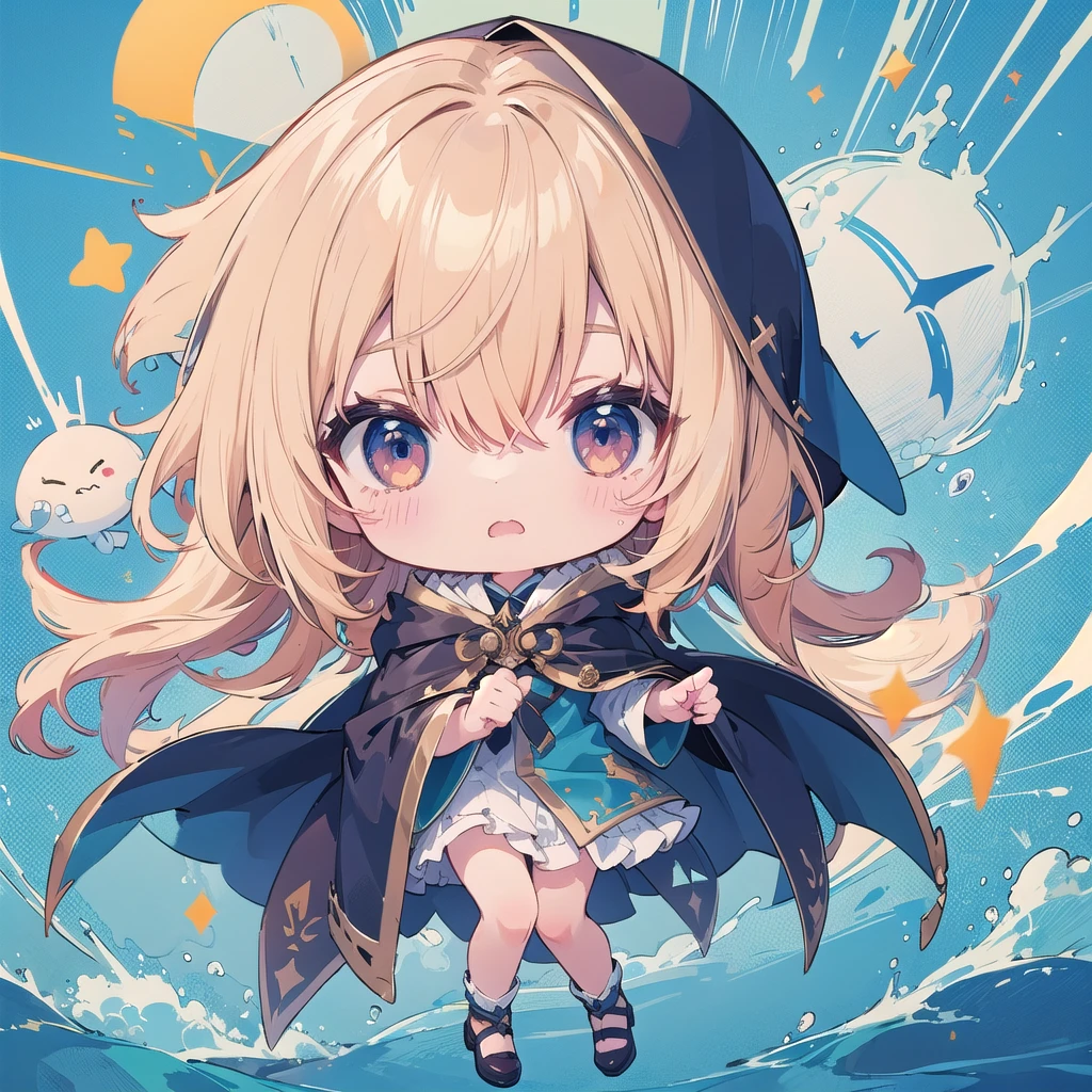 Chibi wearing a blue hooded cloak、The cape reaches down to the ankles、