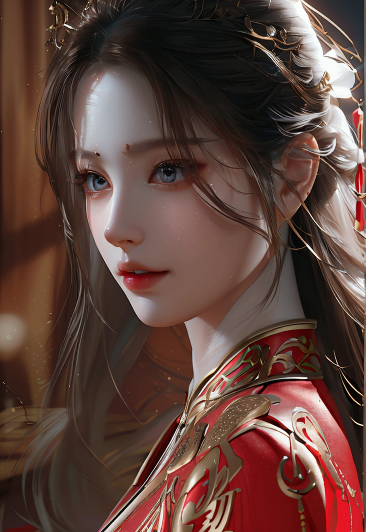 4K, UHD, Masterpiece, 1 woman, perfect body, Good page., long hairมาก, ((white skin)), red chinese dress, bare waist, depth of field, Ray Tracing, Ultra Realistic Details, Attractive poses,She has a slim, beautiful, and delicate face.., sharp eyes, long hair, responsive face, high nose, and thin lips, Her skin was white and radiant.., She has light brown hair.., And her figure was slim and slightly muscular., detailed clothing Fine texture glowing sunlight Tyndall effect High contrast between light and dark, professional, very special details. Physical rendering, bright colors, studio lighting