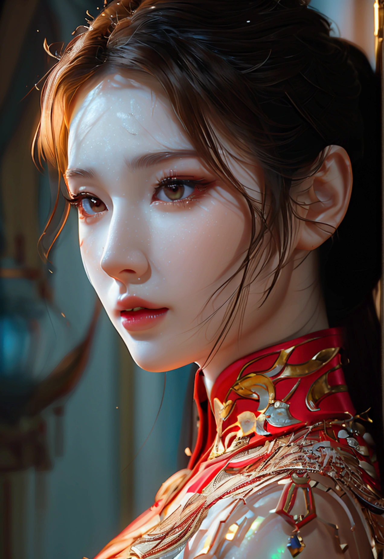 4K, UHD, Masterpiece, 1 woman, perfect body, Good page., long hairมาก, ((white skin)), red chinese dress, bare waist, depth of field, Ray Tracing, Ultra Realistic Details, Attractive poses,She has a slim, beautiful, and delicate face.., sharp eyes, long hair, responsive face, high nose, and thin lips, Her skin was white and radiant.., She has light brown hair.., And her figure was slim and slightly muscular., detailed clothing Fine texture glowing sunlight Tyndall effect High contrast between light and dark, professional, very special details. Physical rendering, bright colors, studio lighting