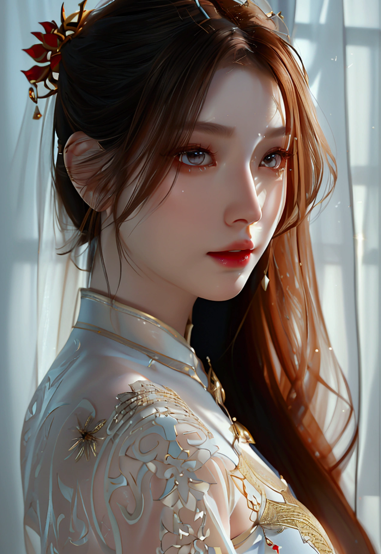 4K, UHD, Masterpiece, 1 woman, perfect body, Good page., long hairมาก, ((white skin)), red chinese dress, bare waist, depth of field, Ray Tracing, Ultra Realistic Details, Attractive poses,She has a slim, beautiful, and delicate face.., sharp eyes, long hair, responsive face, high nose, and thin lips, Her skin was white and radiant.., She has light brown hair.., And her figure was slim and slightly muscular., detailed clothing Fine texture glowing sunlight Tyndall effect High contrast between light and dark, professional, very special details. Physical rendering, bright colors, studio lighting