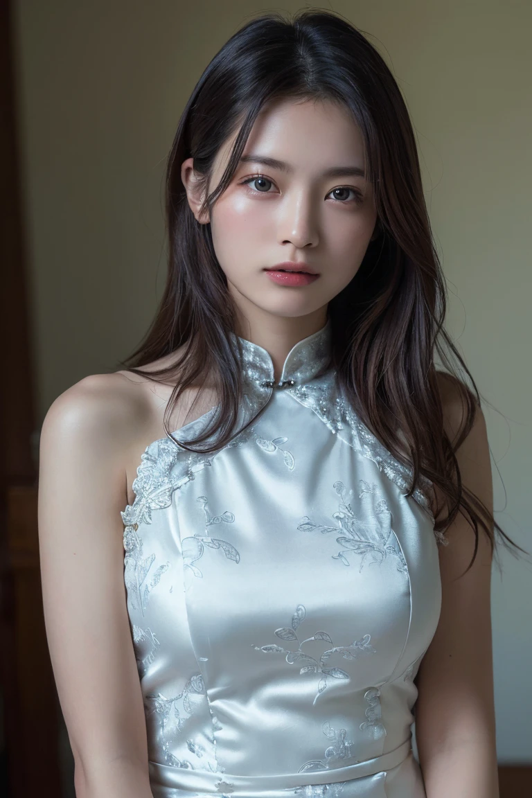 (Highest quality:1.4),(masterpiece:1.4),(Realistic:1.4),(Realistic:1.2),(超High resolution, RAW Photos:1.4),(High resolution, Very detailed:1.2),(8k:1.2),Movie Photos,a photo of a dark-haired,One Girl,alone,wear ,((China dress))、((Upper Body:1.3))