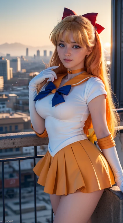 masterpiece, Highest quality, High resolution, Venus 1, One girl, alone, Sailor Warrior Uniform, Sailor Venus, aino minako, Blonde, Magical girl, blue eyes, (Orange Skirt:1.2), Elbow gloves, (circlet:1.2), Pleated skirt, Hair Ribbon, (Orange sailor collar:1.2), mini skirt, choker, (Red hair Bow:1.2), orange choker, White gloves, Very long hair,  jewelry,  Earrings, Cowboy Shot, smile,,More detailed 8K.Unreal Engine:1.4,超High resolution,La Highest quality:1.4, Realistic:1.4, Skin Texture:1.4, masterpiece:1.8,first work, Highest quality,Object Object], (Detailed facial features:1.3),(Fine hand:1.4),(Apocalyptic destroyed cityscape:1.4)