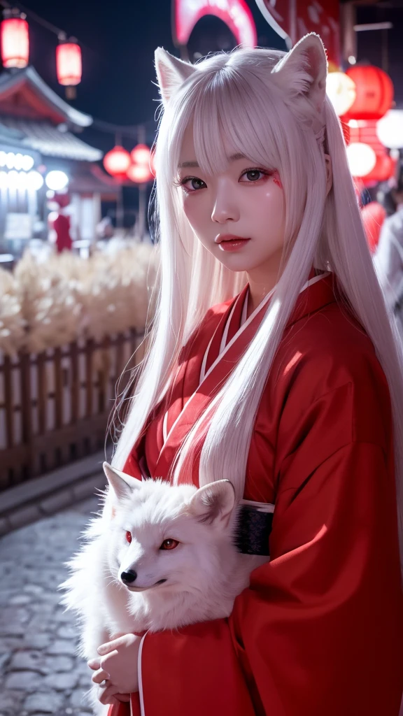White Demon Fox、Nine-tailed Fox、Japanese women、kimono、Fair skin、Red lines on face、8K、I have long hair、night