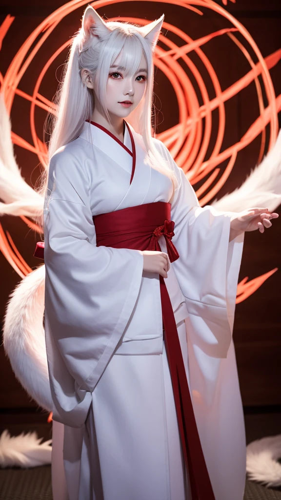 White Demon Fox、Nine-tailed Fox、Japanese women、kimono、Fair skin、Red lines on face、8K、I have long hair、night