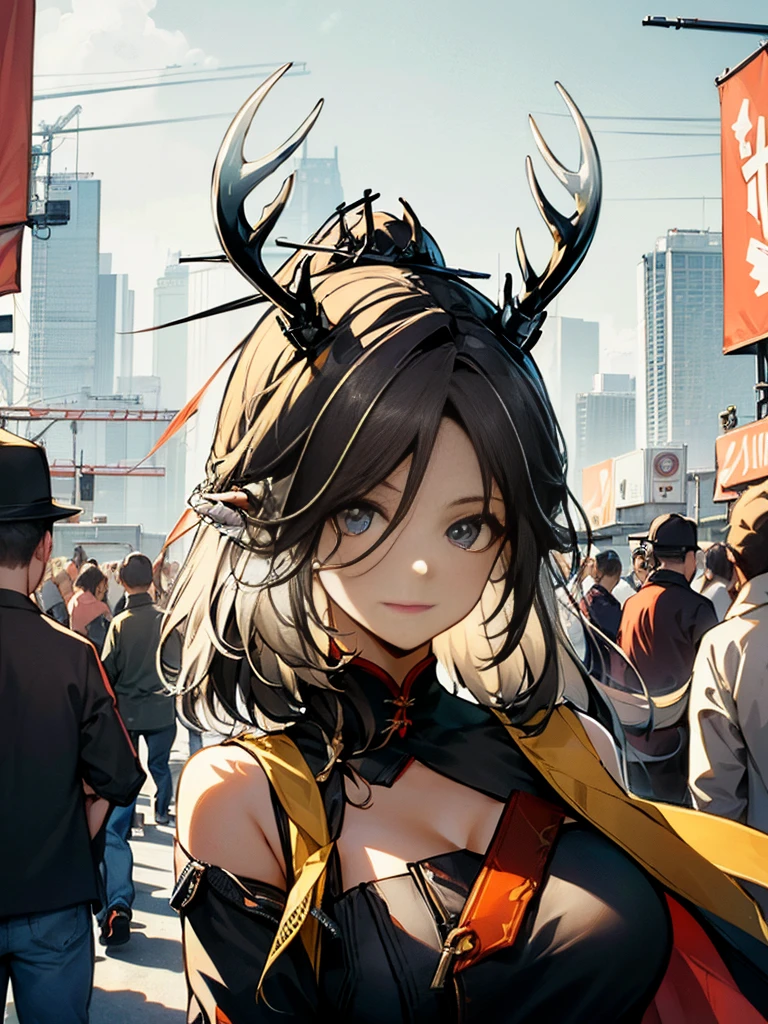 精美masterpiece, best quality, Bird&#39;s-eye view，Illustration style
(masterpiece, 4K, Super hired, Extremely detailed,Illustration style格，Calm expression，Festivals，drinks，Smile，Happy，Characters occupy the main part of the picture， Excellent light and shadow, illusory, high resolution, Extremely detailed, best quality, 超high resolution, Visually stunning, beautiful, Award-winning art, best quality, beautiful:1.2),1 Girl,Simple background，Cold background，Extremely simple picture，Dress stylishly，default，loraeyes，The proportions of the characters imply the golden ratio，antlers，Deer ears，bust，Bright tones，Fashionable clothes，White cropped shirt，T_shirt，Black wide-leg pants，black and white，Clear eye portrayal，one person， showing a natural casual style, White space, Strong contrast between light and shadow, Super texture, Super clear and concise pictures, presenting extremely beautiful, Elegant temperament, subtle facial expressions, Seaside background,one person