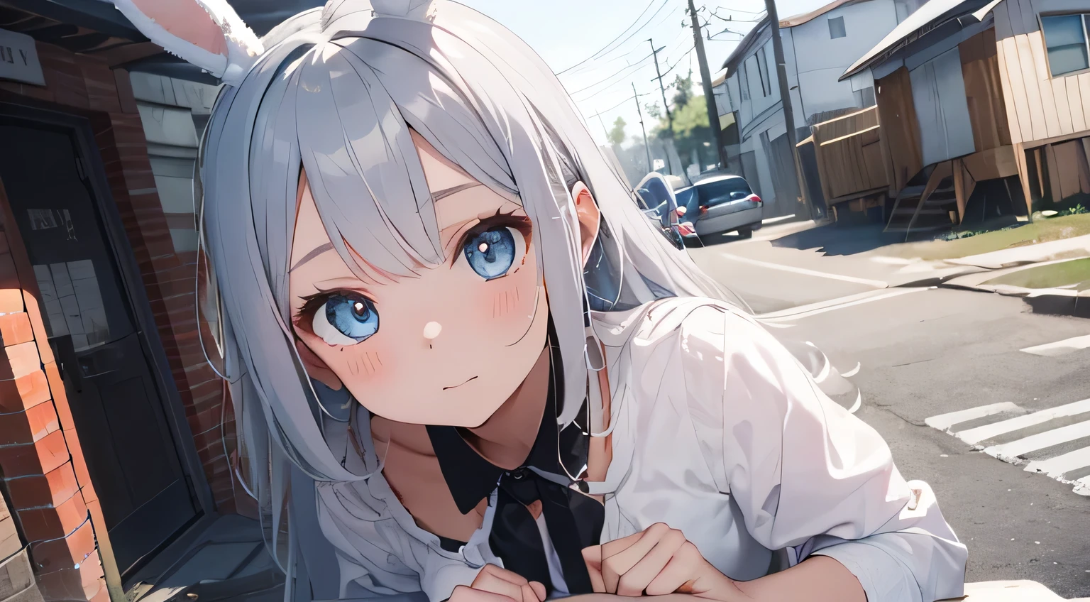 Highest quality, pretty girl, pastel colour, Fluffy bunny ears,Silver Hair,Blue colored eyes,Peaceful everyday life