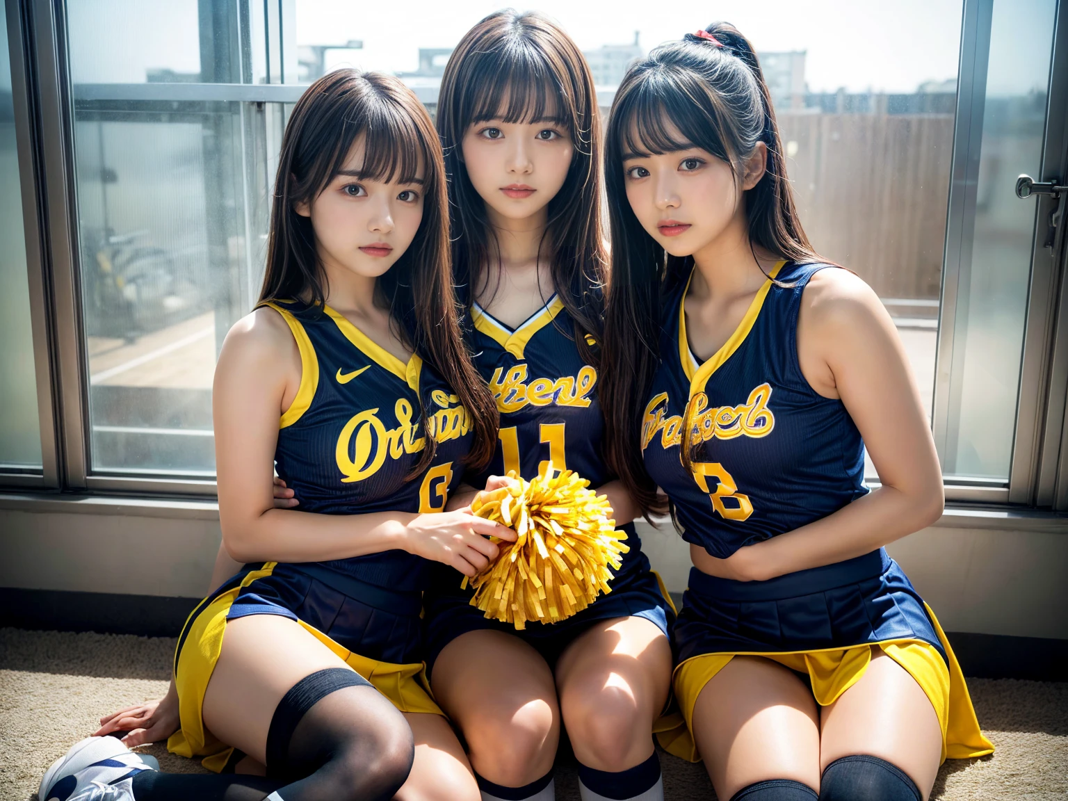 masterpiece, best quality, illustration, Super detailed, fine details, High resolution, 8K,wall paper, perfect dynamic composition,(Details High quality, realistic depiction of eyes:1.3), (3 girls), BREAK (cheerleader uniform with yellow as basic color:1.3), (holding a yellow pompoms in hand:1.4), (sleeveless yellow tunic with baseball team logo:1.4), yellow tops, (bold V-neck:1.3), ((Blue lines, black lines) on tops:1.3), ((fit and flare, A-line):1.3), (A-line yellow rah-rah skirt:1.3), mini skirt, (black socks:1.3), (sports shoes:1.2), sitting, open legs, short bob hair, in a hotel room in the background, deep on field, large breasts, black hair color, Big Natural Color Lip, (perfect body shape), crying a little、Harajuku style、20 year old girl、cute type、beautiful legs, Gravure Idol