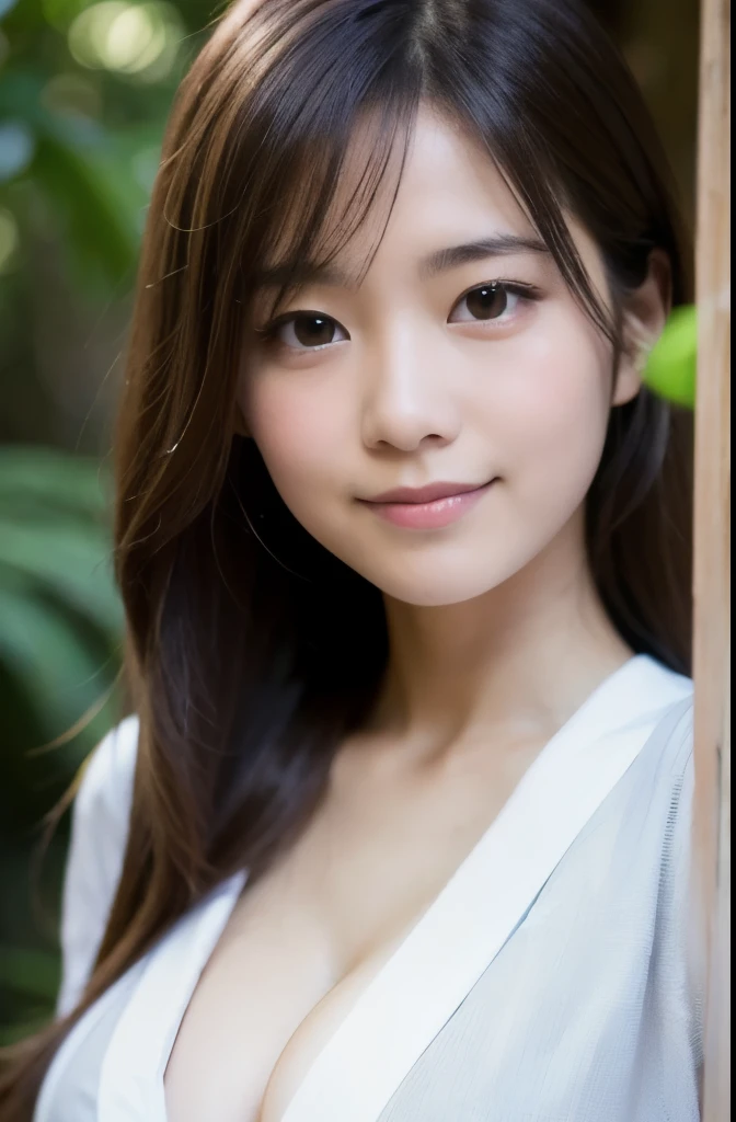 best quality, face focus, soft light, ultra high res, (photorealistic:1.4), RAW photo,(Shinozaki Ai),
1japanese girl, solo, cute, kawaii, smile, (pupil, lights in the eyes), detailed beautiful face, (busty),(high resolution detail of human skin texture),(long hair),(portrait), chest up, white traditional kimono, in the forest,