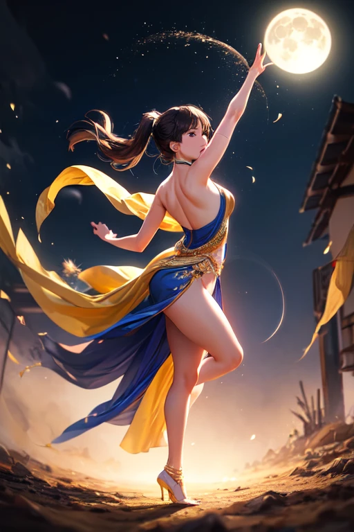 ((best quality)), ((masterpiece)), (detailed), long exposure photo of a sexy tall girl as African dancer in motion, full body, wilderness dancer dress, dancing in the moon night, shiny porcelain skin, few animals behind, focus on the girl, soaring the sky, blurred edges, (low angle)++, below view, slow shutter speed motion photography, whirl dust trail behind, shot on FujiFilm XT4 camera f/2. ISO 200, dynamic motion, cinematic movement, blurry edges, super detailed, perfect face, perfect motion, side view, best quality, dust trail along the motion with a fire element transition movement of color background