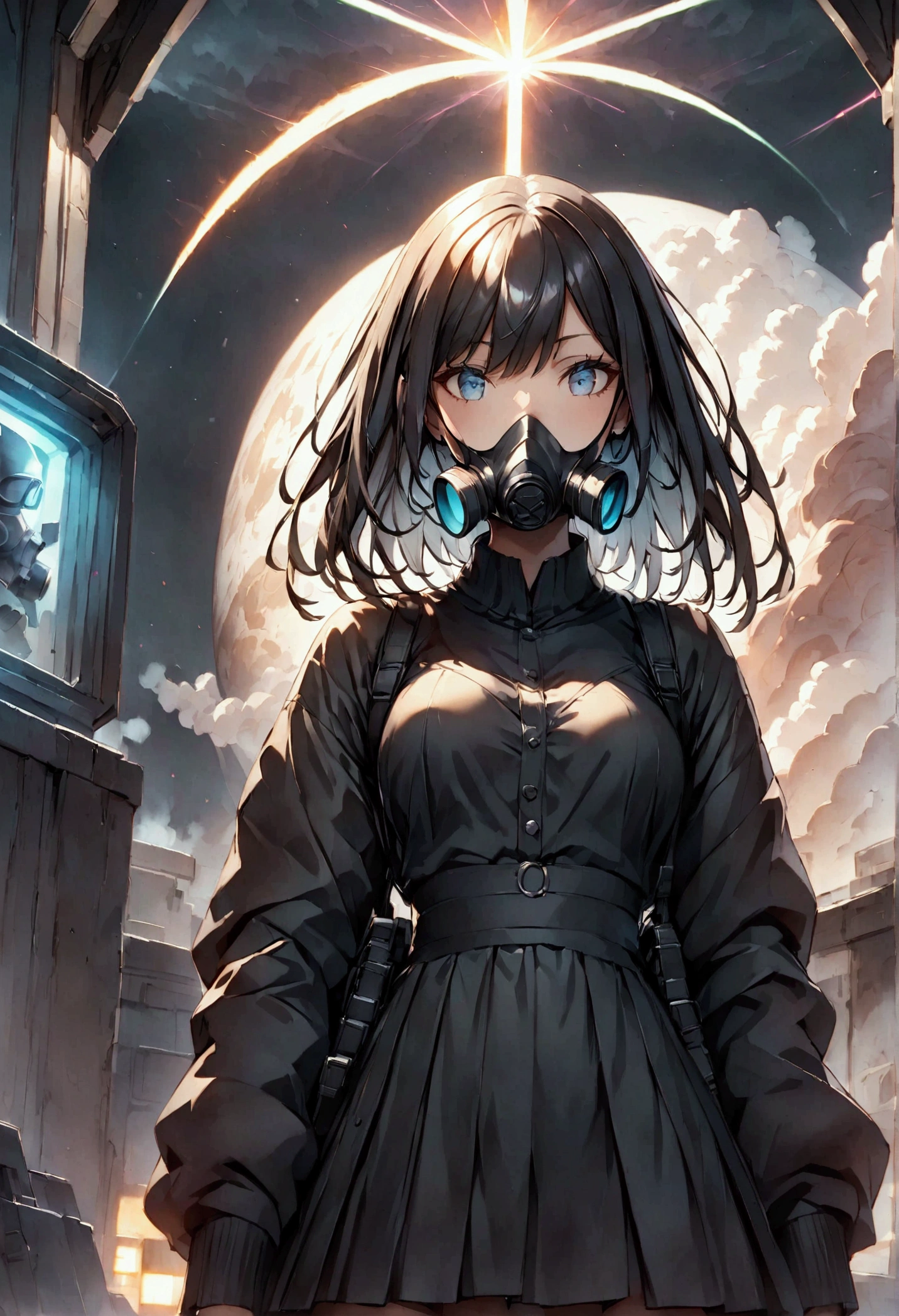 cyber punk、dark、gas mask、girl、Submachine gun in both hands、Painting on the front、White Hair、Smoke erupts、Bright、Laser Light、beautiful、strong