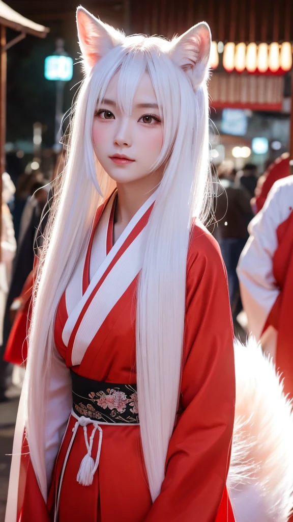 White Demon Fox、Nine-tailed Fox、Japanese women、kimono、Fair skin、Red lines on face、8K、I have long hair、night