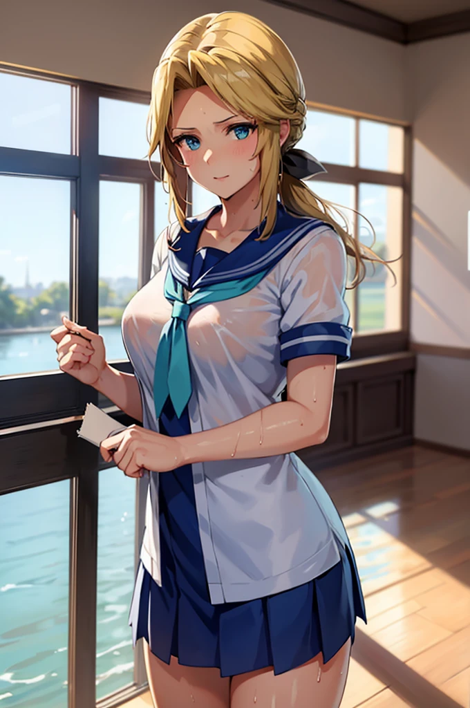 Masterpiece (woman,The facial expression is accurate,Anime style face,greenish blue eyes ) Group ((((Location: School classroom)))) ((((The location is a school in the water)))) ((((womanは授業を受けている)))) 8k((((high school girl)))) 8k(((((Wet))))) ((Staring at me)) Emphasize the breasts with 8K(I am giving you a letter called a love letter.)