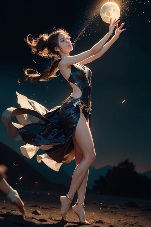 ((best quality)), ((masterpiece)), (detailed), long exposure photo of a sexy tall girl as African dancer in motion, full body, wilderness dancer dress, dancing in the moon night, shiny porcelain skin, few animals behind, focus on the girl, soaring the sky, blurred edges, (low angle)++, below view, slow shutter speed motion photography, whirl dust trail behind, shot on FujiFilm XT4 camera f/2. ISO 200, dynamic motion, cinematic movement, blurry edges, super detailed, perfect face, perfect motion, side view, best quality, dust trail along the motion with a fire element transition movement of color background