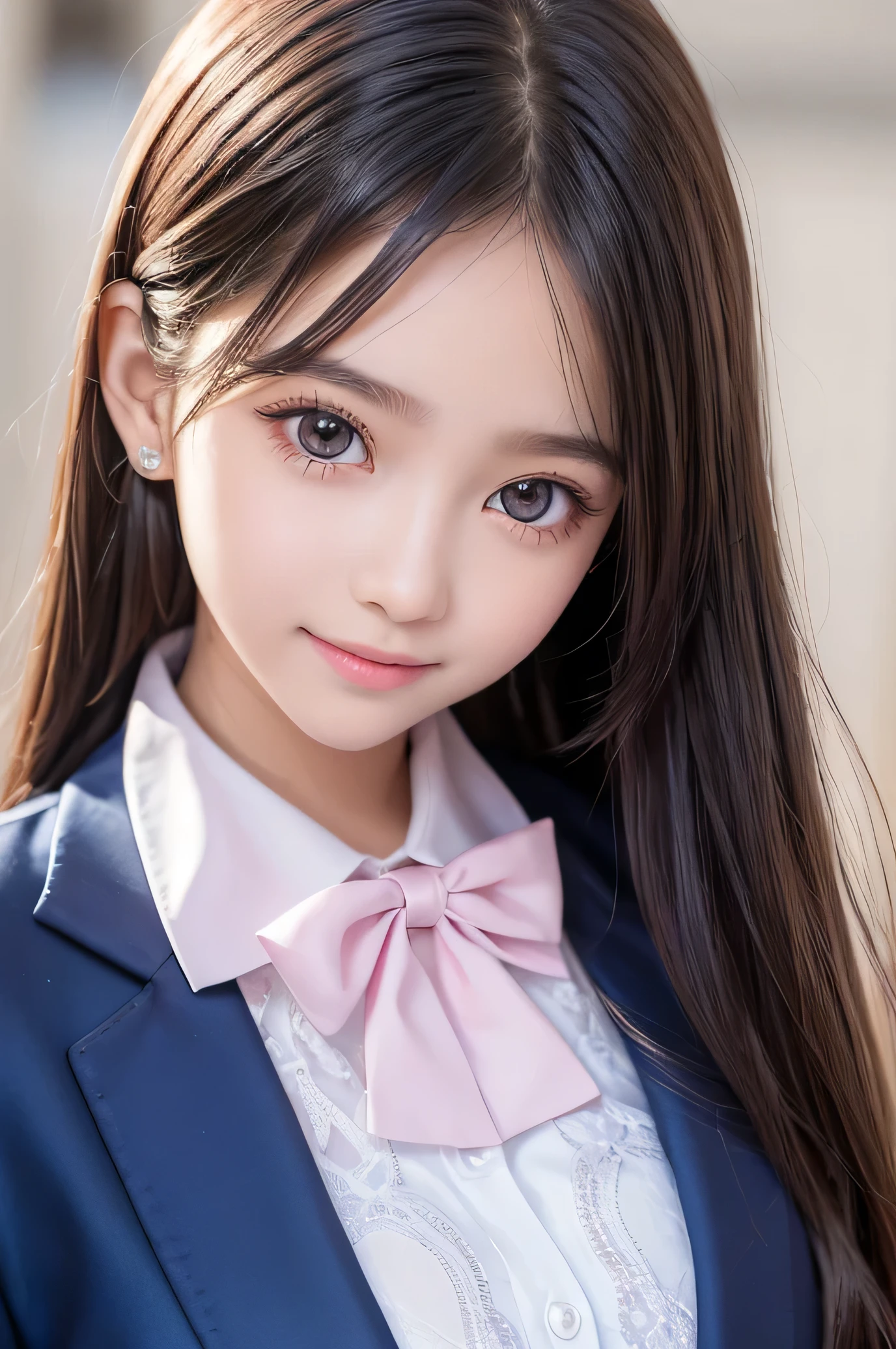 masterpiece,(Very beautiful  cute girl), (very  cute face:1.2),12 yo, (baby face),(sparking crystal clear attractive large eyes), Beautiful detailed eyes, Detailed double eyelids, (smiling), (realistic photograph:1.1), long straight hair,super shiny metallic dark blue blazer high-school uniform,pink neck bow tie