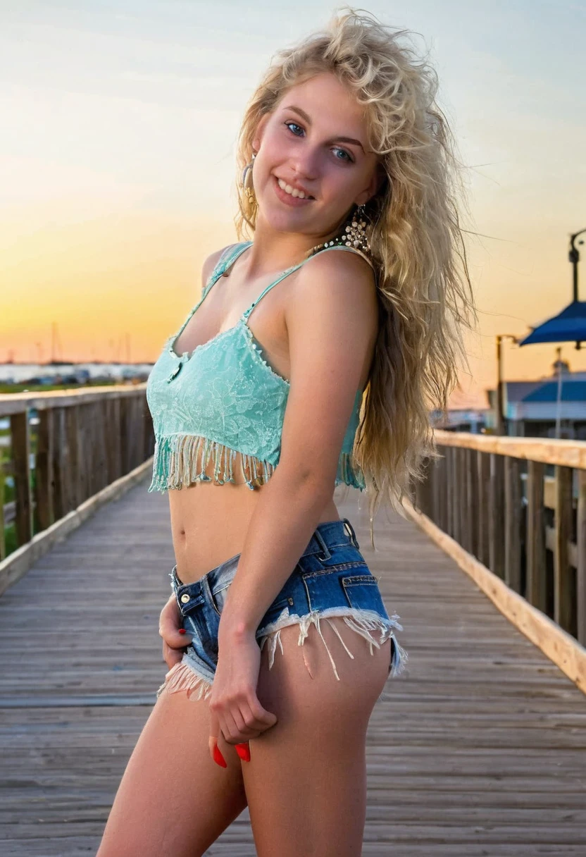 ultra-detailed, your the most beautiful girl I ever seen,young ager full athletic body,beautiful young woman , appears she looks like 24 years old, deep green eyes,beautiful detailed eyes,blonde hair,lower back length blonde hair, tattoo on lower back that says Yes Daddy,long legs,slim, narrow hips,confidently walking in front of me wearing a faded orange crop top no bra with side breast showing ,hard nipples and tight Daisy Dukes Jean shorts with fringe on the bottom, the bottom of your perfect butt cheeks crest out the bottom of your shorts and there are 2 small holes in your shorts buy the back pockets and I can see your light blue satin lace panties through the holes, your walking in front of me and mesmerizing me with your athletic slender tiny butt swaying back and forth,cute ,brightly lit background, beautiful bright sunset in the background, Were on the Boardwalk in Kemah Texas,vivid colors,subtle bokeh effect.
