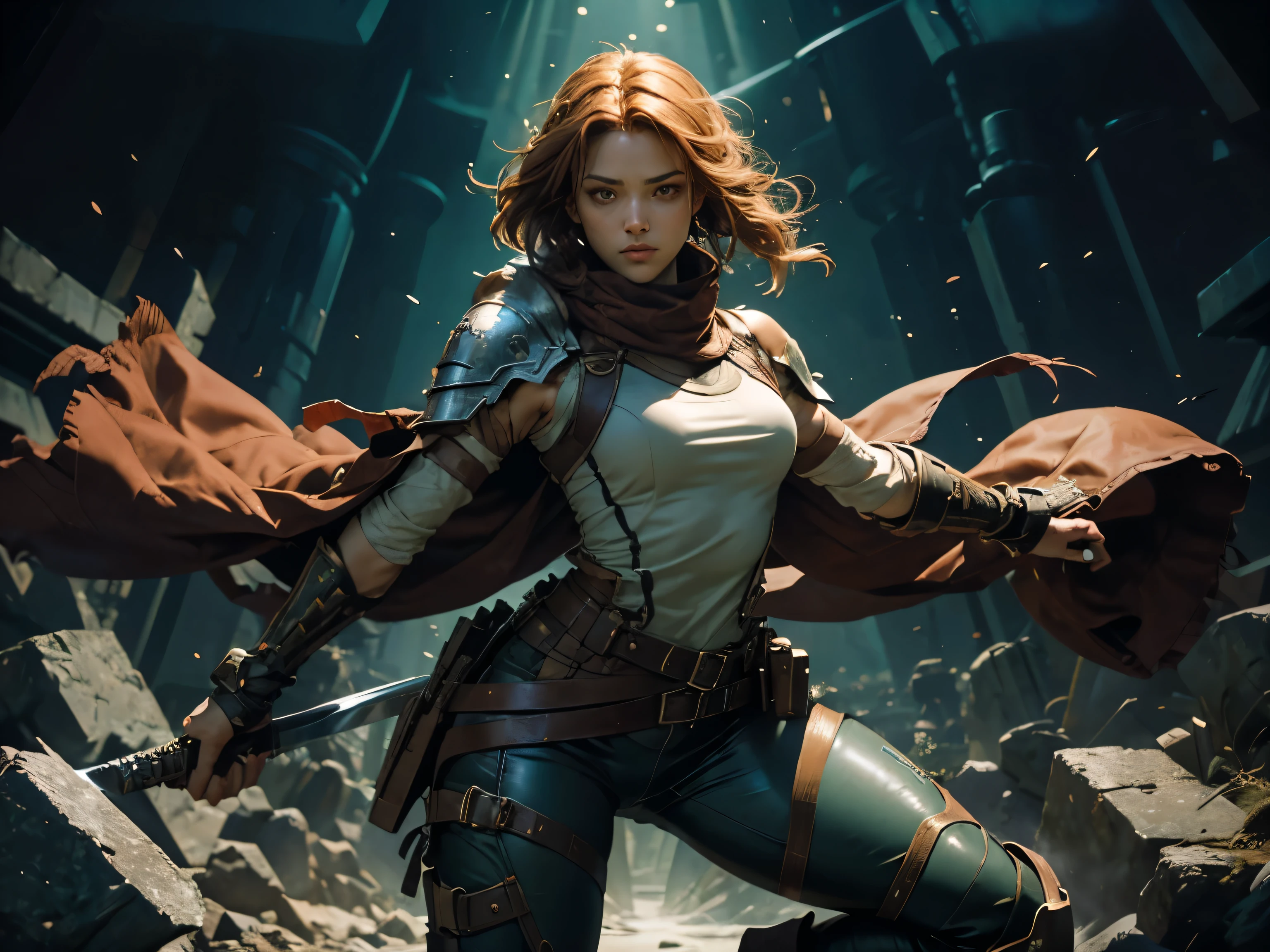 Echo stands in a combat-ready position, fully visible from the front. Her legs are spread shoulder-width apart, one hand on the hilt of her sword, the other on her belt, ready to draw a throwing knife. Her light chestnut hair is braided, draped over her shoulder. She wears a dark leather vest that highlights her athletic build and dark turquoise pants that tightly hug her toned buttocks and thighs. Throwing knives are attached to her right thigh. Her face is full of determination and confidence, her brown eyes with green hues focused on the enemy in front of her. The camera is shot at eye level to show her entire figure and facial expression. 