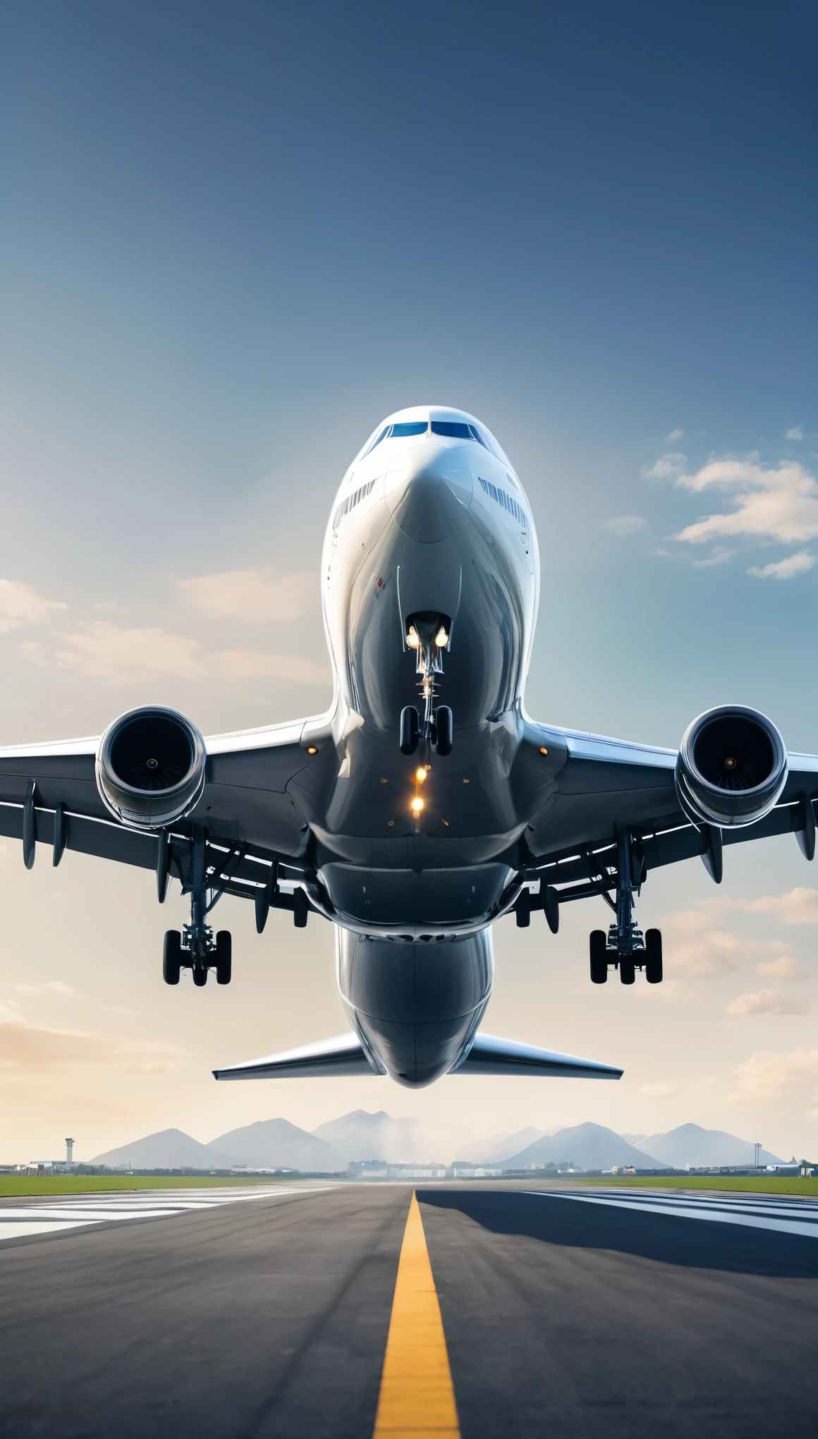 Highest quality, Realistic, photoRealistic, Award-winning photography, (Intricate details, Runway: 1.2), (Subtle details), (Intricate details), (Cinematic Light, Jumbo Jet, Take off, low angle shot, Looking up from the ground, Take off飛行機をLooking up from the ground),
