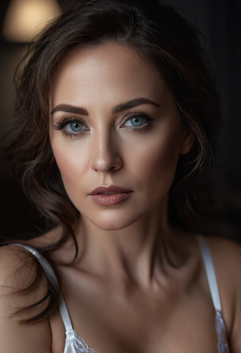 a 42 year old woman in a light white lingerie, beautiful detailed eyes, beautiful detailed lips, extremely detailed eyes and face, long eyelashes, sensual pose, delicate skin, studio lighting, high quality, photorealistic, 8K, cinematic, dramatic lighting, chiaroscuro, romantic, elegant, graceful, feminine, cinematic, moody, dramatic
