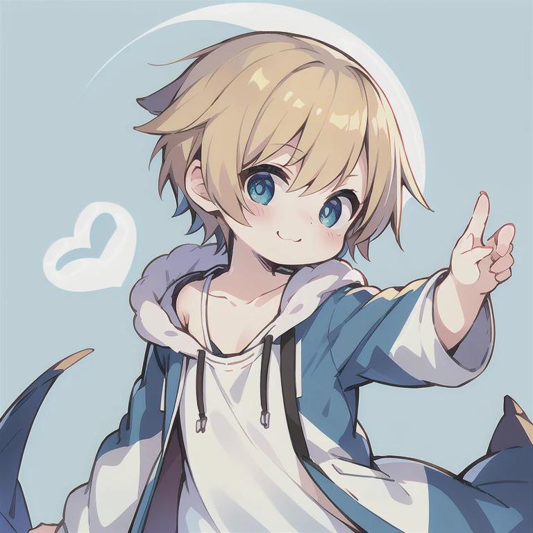 Highest quality, (high quality),eye highlights,arms are thin, thin body,face,from front, (portrait),((very short hair)),look at viewer,with heart-shaped pupils,droopy eyes,very happy smile,Pouting mouth,open your mouth and laugh,(((chilled boy))), (1 boy),(bronze hair),((very very short hair)),parka,light Blue background ,illustration,anime style, 