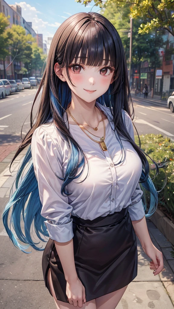 ((Highest quality, High resolution, masterpiece, detailed)),
Cowboy Shot, Written boundary depth, View your audience, Anatomically correct, 1people, woman, Perfect Face, Cute and symmetrical face, Shiny skin,
(Long Hair, Sky Blue Hair, Blunt bangs), Chestnut brown eyes, (Large Breasts:0.8),
Beautiful details, Beautiful Hair, Beautiful Face, Beautiful clavicle, Beautiful body, Beautiful breasts, Beautiful thighs, Beautiful feet,
(White collared shirt, Wine red short pencil skirt, Golden Necklace),
(Beautiful views), walk, Tree-lined street, (Cute Smile),