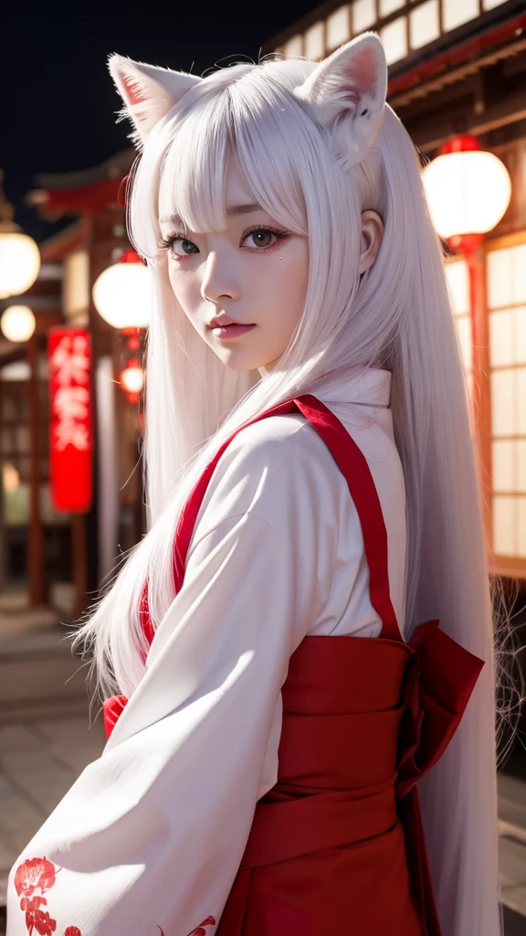 White Demon Fox、Nine-tailed Fox、Japanese women、kimono、Fair skin、Red lines on face、8K、I have long hair、night