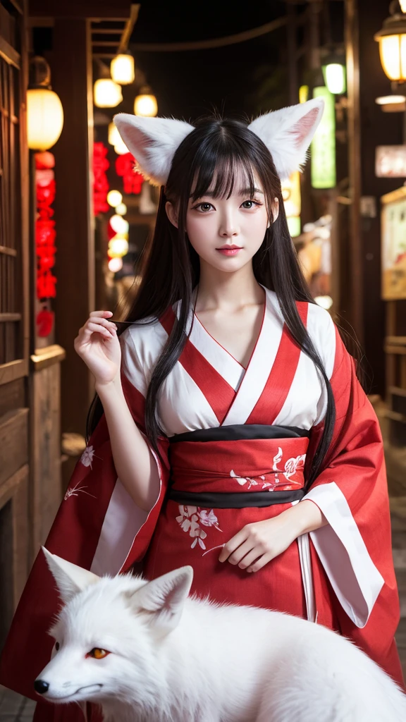 White Demon Fox、Nine-tailed Fox、Japanese women、kimono、Fair skin、Red lines on face、8K、I have long hair、night